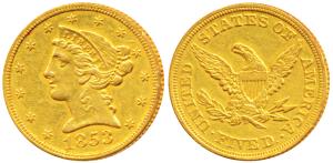 United States of America, Gold $ 5, 8.25g, 1853, Liberty head on obv., motto above eagle o