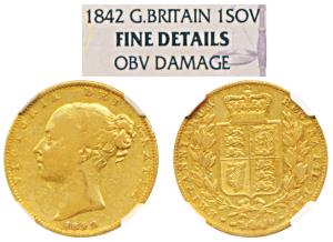 Great Britain, Victoria Queen, Gold Sovereign, 8g, 1842, Young head, shield on rev. (KM 73