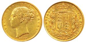 Great Britain, Victoria, Gold Sovereign, 8g, 1845, Young head, Shield on rev. (KM 736.1). 
