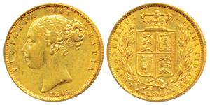 Great Britain, Victoria, Gold Sovereign, 8g, 1849, Young head, Shield on rev. (KM 736.1). 