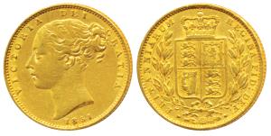Great Britain, Victoria, Gold Sovereign, 8g, 1851, Young head, Shield on rev. (KM 736.1). 