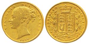 Great Britain, Victoria, Gold Sovereign, 8g, 1857, Young head, Shield on rev. (KM 736.1). 