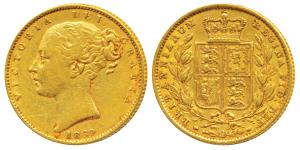 Great Britain, Victoria, Gold Sovereign, 8g, 1860, Young head, Shield on rev. (KM 736.1). 