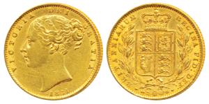 Great Britain, Victoria, Gold Sovereign, 8g, 1861, Young head, Shield on rev. (KM 736.1). 