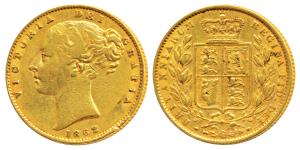 Great Britain, Victoria, Gold Sovereign, 8g, 1862, Young head, Shield on rev. (KM 736.1). 