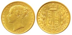 Great Britain, Victoria, Gold Sovereign, 8g, 1863, Young head, Shield on rev. (KM 736.1). 
