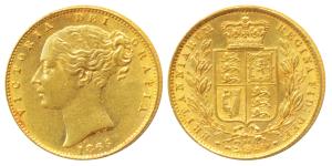 Great Britain, Victoria, Gold Sovereign, 8g, 1865, Young head, Shield on rev. (KM 736.1). 