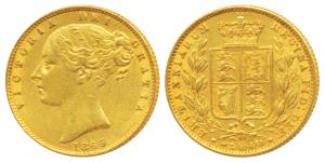 Great Britain, Victoria, Gold Sovereign, 8g, 1866, Young head, Shield on rev. (KM 736.1). 