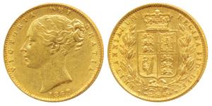 Great Britain, Victoria, Gold Sovereign, 8g, 1868, Young head, Shield on rev. (KM 736.1). 