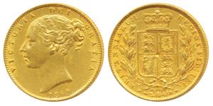 Great Britain, Victoria, Gold Sovereign, 8g, 1869, Young head, Shield on rev. (KM 736.1). 