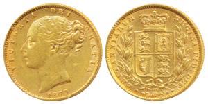 Great Britain, Victoria, Gold Sovereign, 8g, 1870, Young head, Shield on rev. (KM 736.1). 