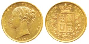 Great Britain, Victoria, Gold Sovereign, 8g, 1871, Young head, Shield on rev. (KM 736.1). 