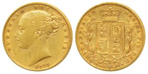 Great Britain, Victoria, Gold Sovereign, 8g, 1873, Young head, Shield on rev. (KM 736.2). 