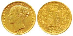 Great Britain, Victoria, Gold Sovereign, 8g, 1875, Young head, Shield on rev. (KM 736.2). 