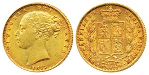 Great Britain, Victoria, Gold Sovereign, 8g, 1877, Young head, Shield on rev. (KM 736.2). 