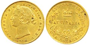 Australia, Victoria, Gold Sovereign, 8g, 1864, Laureate head, Sydney Mint, (KM 4). About E