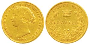 Australia, Victoria, Gold Sovereign, 8g, 1870, Laureate head, Sydney Mint, (KM 4). About V