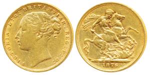 Great Britain, Victoria, Gold Sovereign, 8g, 1876, young head, St. George slaying a dragon