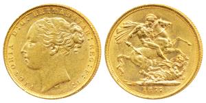 Great Britain, Victoria, Gold Sovereign, 8g, 1877, young head, St. George slaying a dragon