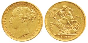 Great Britain, Victoria, Gold Sovereign, 8g, 1879, young head, St. George slaying a dragon