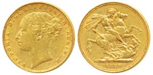 Great Britain, Victoria, Gold Sovereign, 8g, 1880, young head, St. George slaying a dragon