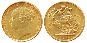 Great Britain, Victoria, Gold Sovereign, 8g, 1884, young head, St. George slaying a dragon