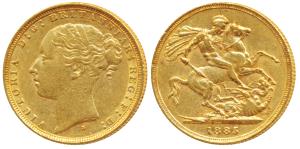 Australia, Victoria, Gold Sovereign, 8g, 1885, young head, ’S’ mint mark for Sydney Mint (
