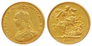 Great Britain, Victoria Queen, Gold Sovereign, 8g, 1887, Jubilee head, St. George slaying 