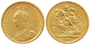 Australia, Victoria Queen, Gold Sovereign, 8g, 1888, Jubilee head, ’S’ mint mark for Sydne