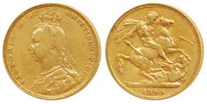 Great Britain, Victoria Queen, Gold Sovereign, 8g, 1890, Jubilee head, St. George slaying 
