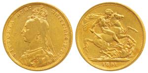 Great Britain, Victoria Queen, Gold Sovereign, 8g, 1891, Jubilee head, St. George slaying 