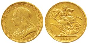 Australia, Victoria Queen, Gold Sovereign, 8g, 1895, Veiled head, ’M’ mint mark for Melbou