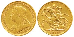 Australia, Victoria Queen, Gold Sovereign, 8g, 1897, Veiled head, ’M’ mint mark for Melbou