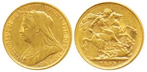 Australia, Victoria Queen, Gold Sovereign, 8g, 1899, Veiled head, St. George slaying a dra
