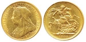 Australia, Victoria Queen, Gold Sovereign, 8g, 1901, Veiled head, ’M’ mint mark for Melbou