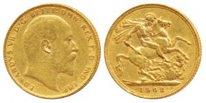 Great Britain, Edward VII, Gold Sovereign, 8g, 1902, St. George slaying a dragon on rev. (
