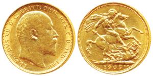 Great Britain, Edward VII, Gold Sovereign, 8g, 1905 (KM 805). Very Fine.