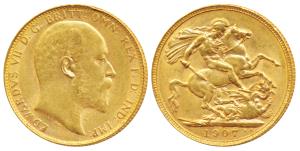 Australia, Edward VII, Gold Sovereign, 8g, 1907, ’P’ mint mark for Perth Mint, St. George 