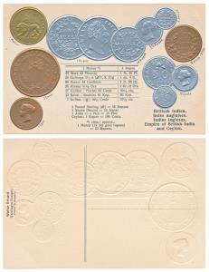 Embossed Postcard with impression of British India (William and Victoria Rupee and Mohur) 