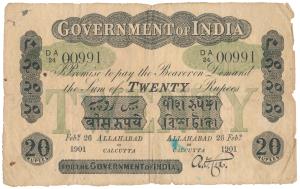 Government of India, Uniface, Rupees 20, green under print, Allahabad or Calcutta circle, 