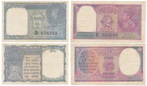 George VI, Rupee 1, 1944, signed C. E. Jones, serial number in black; Rupees 2, 1944, sign