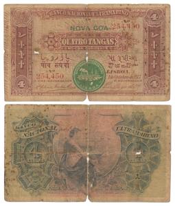 Indo-Portuguese, Quatro / 4 Tangas, 2nd issue, 1917, Banco Nacional Ultramarino, green sea