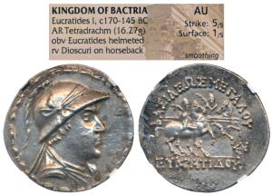 Indo-Greek, Baktria, Eukratides I, Posthumous issue, Silver Tetradrachm, obv. diademed and