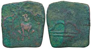 Ancient Chola Sangam Age, Copper Square Unit, 3.22g, obv. lion seated facing front, rev. b