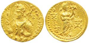 Kushanas, Huvishka (c. 152-192 AD), Gold Dinar, 7.99g, obv. nimbate and helmeted bust of t