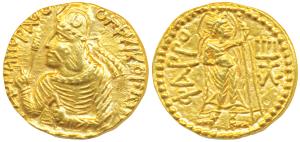 Kushanas, Huvishka, Gold Dinar, 7.96g, Mint A, 1st emission, obv. crowned half-length bust