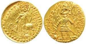 Kushanas, Vasudeva (c. 192-225 AD), Gold Dinar, 7.90g, obv. king nimbate standing left, ho