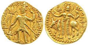 Kushanas, Vasudeva II, Gold Dinar, 7.60g, obv. king standing facing, head left, flames on 