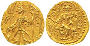 Kushanas, Vasudeva II, Gold Dinar, 7.88g, obv. king standing left, holding a trident in ri