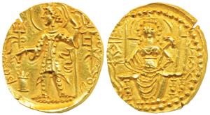 Kushanas, Kipanada (c. 340-360 AD), Gold Dinar, 7.84g, obv. king nimbate standing left, ho
